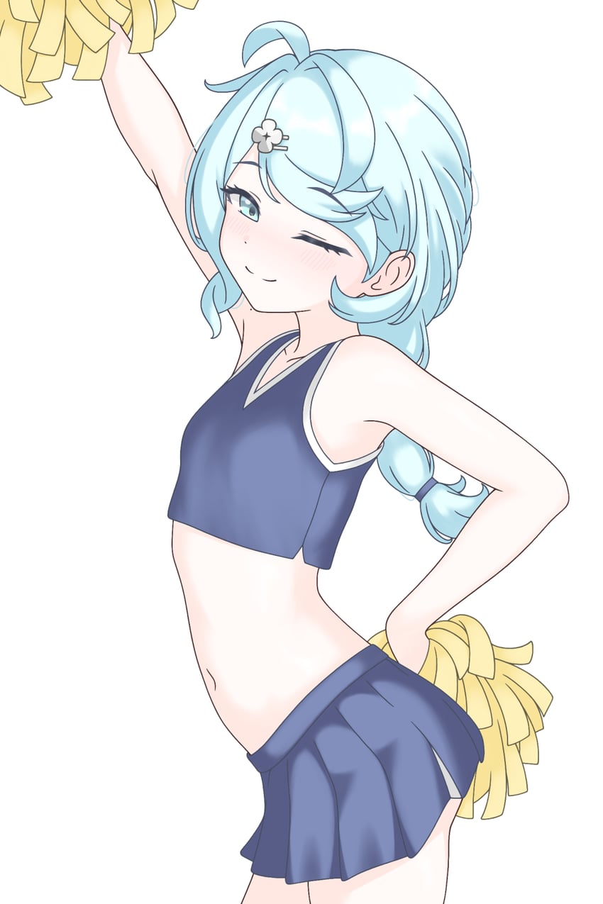二次元插画 1名女孩 手放在背后 举手 腋下 蓝裙子