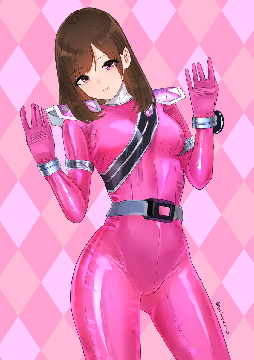 魔进战队煌辉者、超级战队、kiramei pink 1名女孩 改装服装 动画化 菱格纹背景 腰带