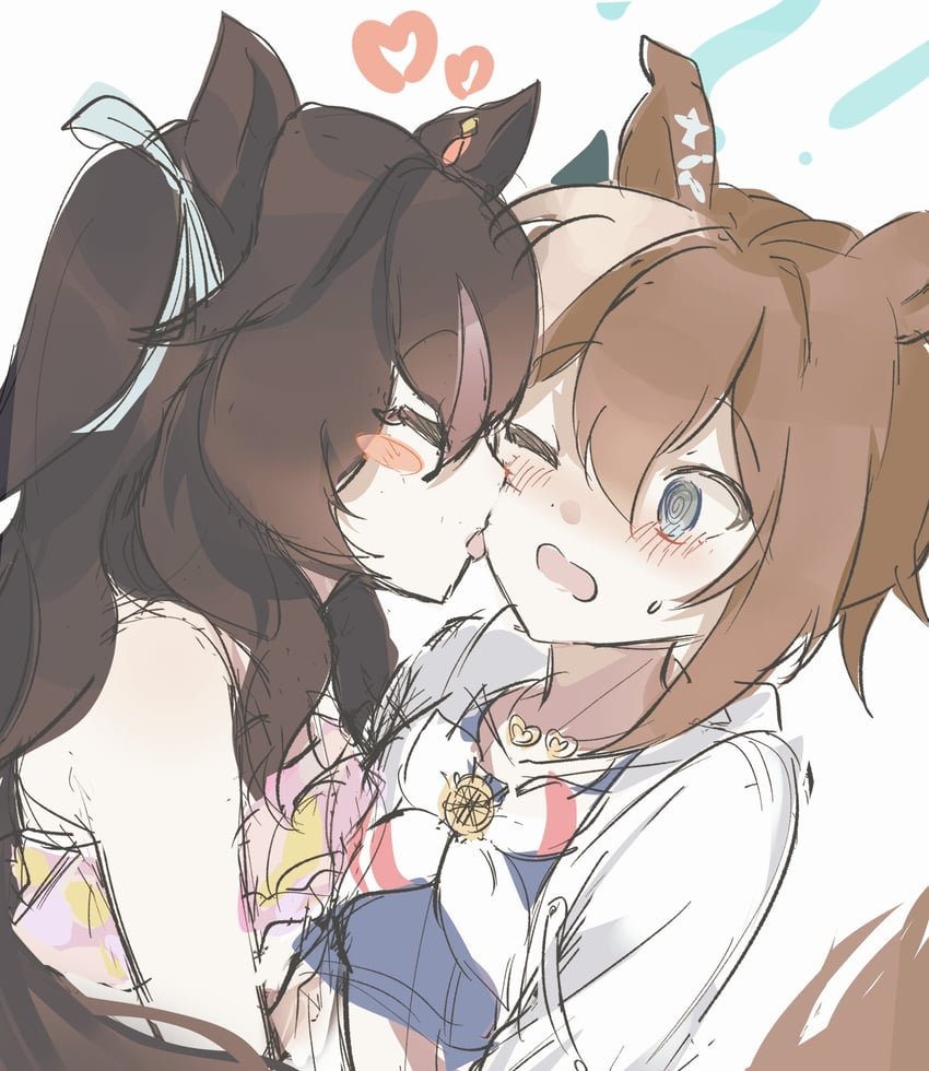 赛马娘、皇冠驹(夏日宁静海蓝)(赛马娘)、骏天宫 (赛马娘) ! 2名女孩 @_@ 兽耳穿孔 兽耳