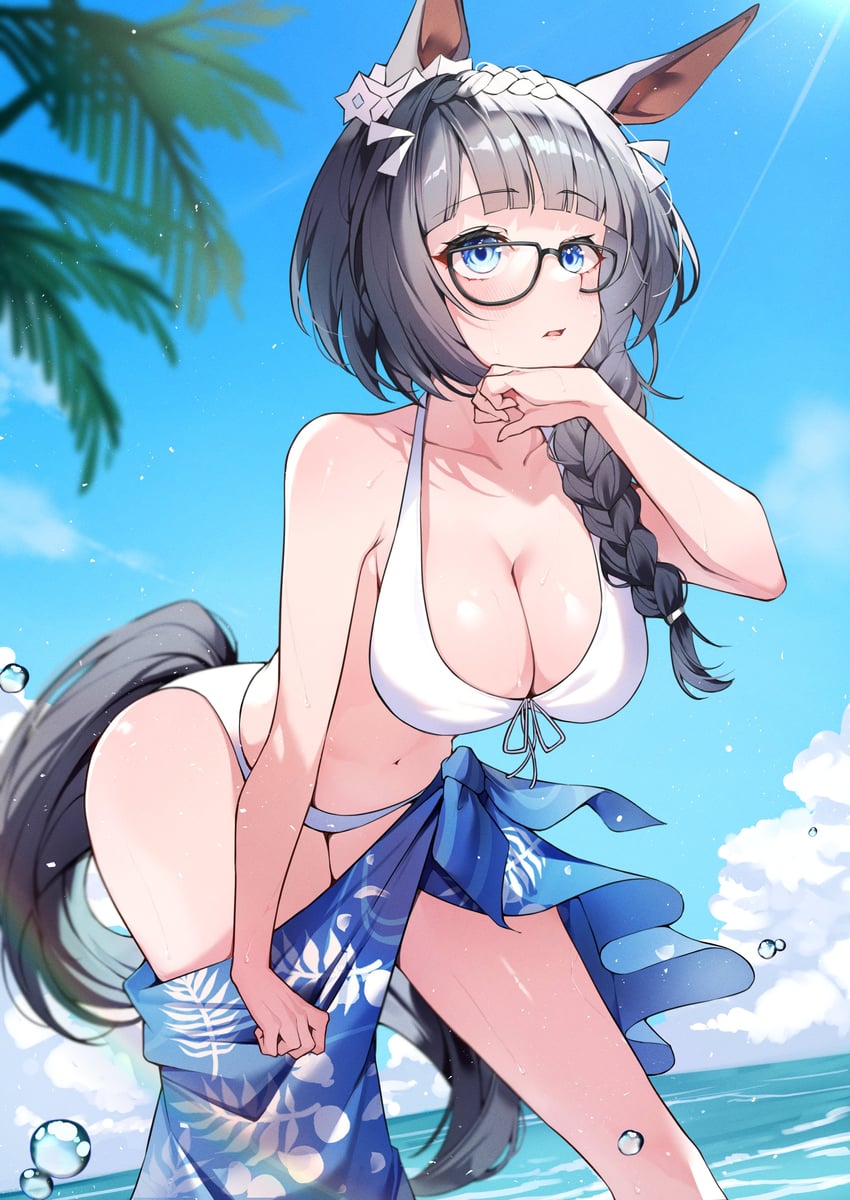 赛马娘、荒漠英雄（赛马娘） 1名女孩 兽耳 弯腰 比基尼 蓝眼