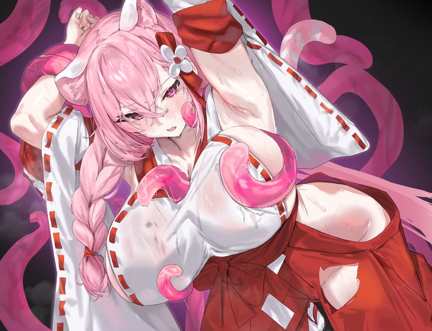二次元插画 1名女孩 兽耳 腋下 黑色背景 脸红