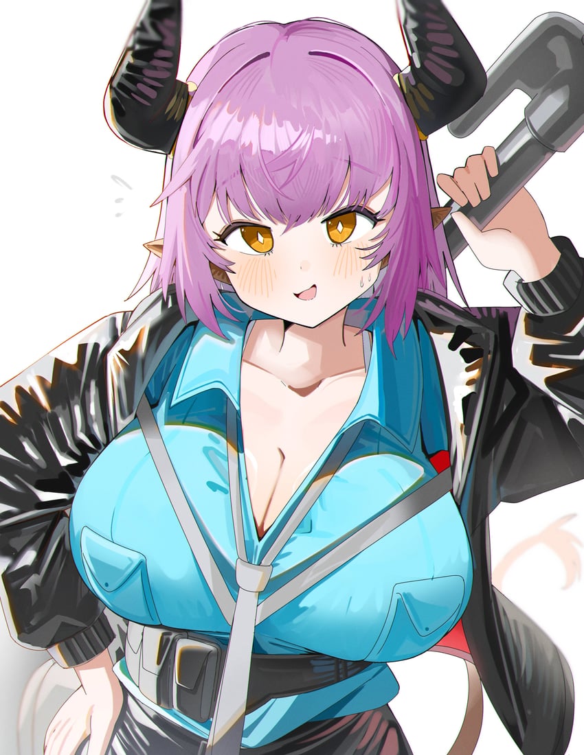 明日方舟、铸铁 (明日方舟) 1名女孩 黑角 黑色夹克 蓝色衬衫 脸红