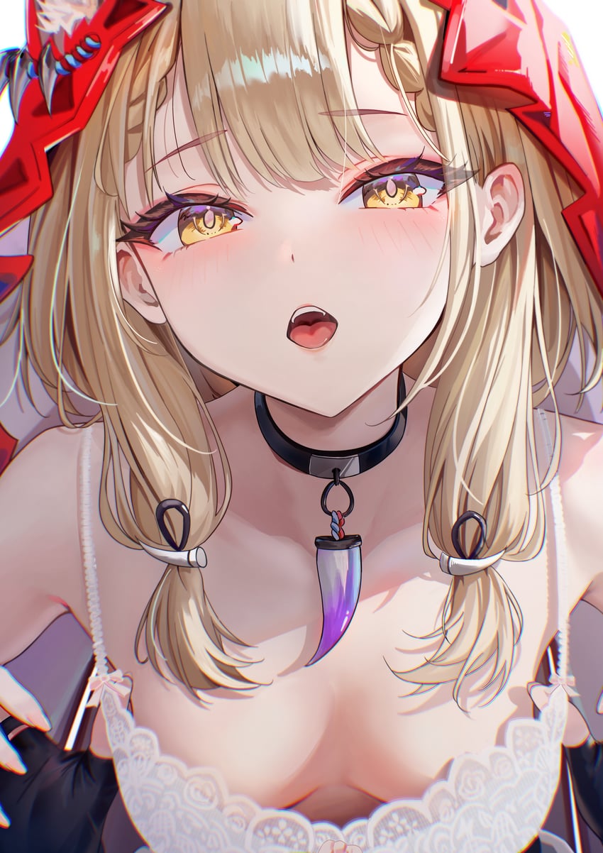 明日方舟、明日方舟：终末地、罗斯 (明日方舟) 1名女孩 黑色项圈 黑色手套 金发 胸罩