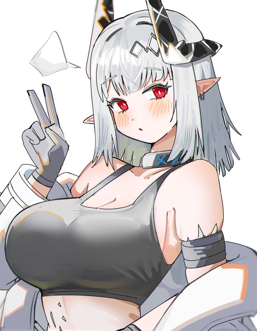 明日方舟、泥岩 (明日方舟)、泥岩 (精英二) (明日方舟) 1名女孩 露肩 黑领 黑角 黑色背心