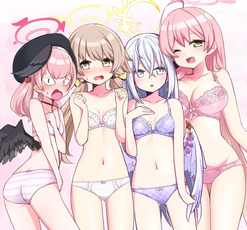 蔚蓝档案、梓 (蔚蓝档案)、花子 (蔚蓝档案) 4个女孩 眯眯眼 呆毛 天使翅膀 大腿间可见臀部