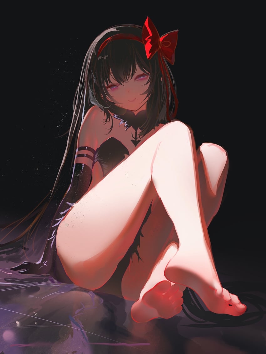 魔法少女小圆、魔法少女小圆：叛逆的物语、晓美焰 1名女孩 赤脚 黑色连衣裙 黑色手套 黑发