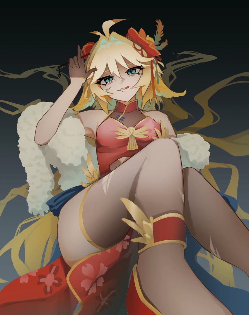 个人势虚拟主播、Dokibird、Dokibird (赏金猎人) 1名女孩 呆毛 金发 乳房 旗袍