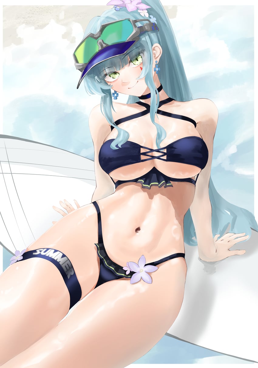 少女前线、少女前线2：追放、HK416 (少女前线) 1名女孩 比基尼 蓝发 脸红 乳房