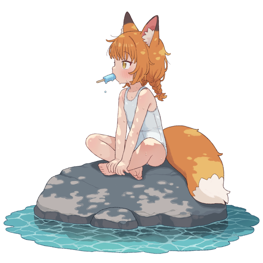 二次元插画 1名女孩 兽耳毛 兽耳 赤脚 辫子