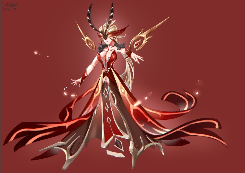 原神、女士 (焚尽的炽炎魔女) (原神)、女士 (原神) 1名女孩 露肩 金发 乳房 蝴蝶面具