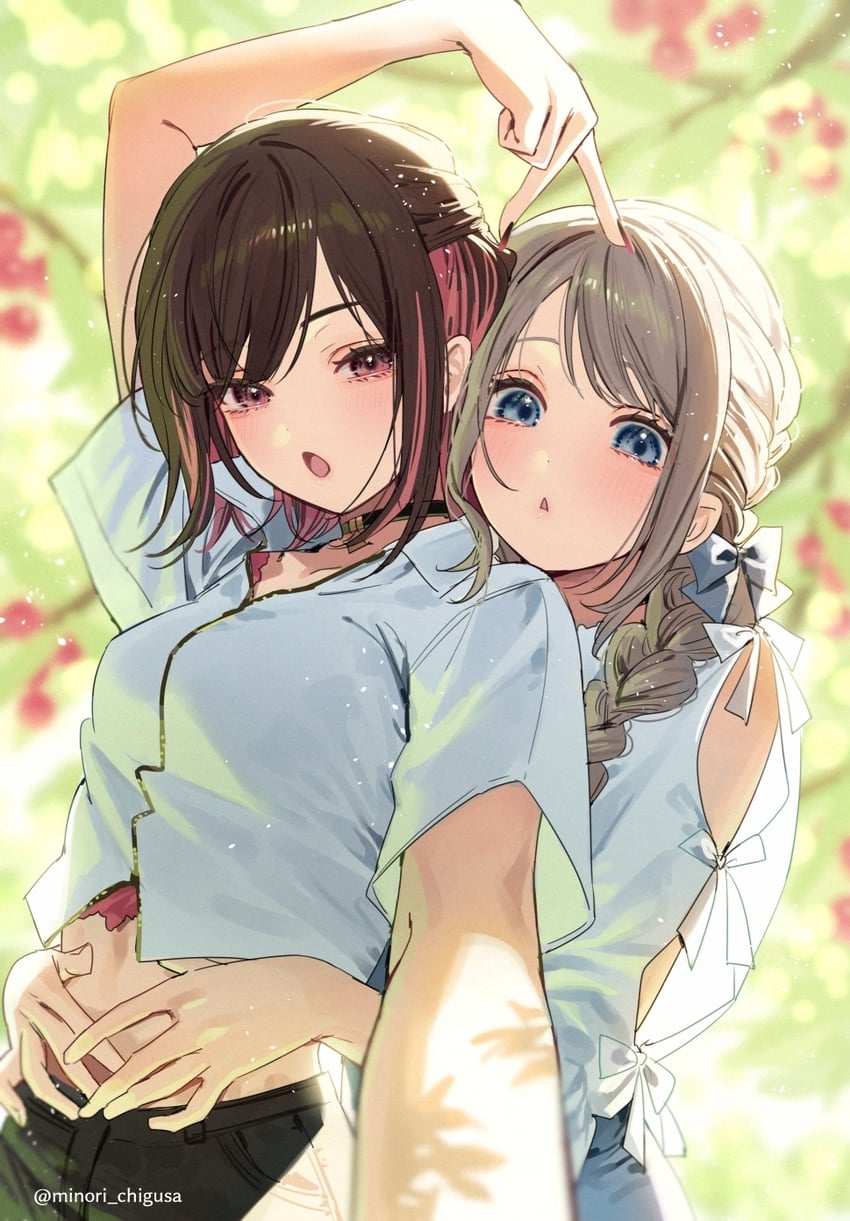 忍与廉、早乙女紫乃、白雪莲 2名女孩 蓝色蝴蝶结 脸红 蝴蝶结 辫子