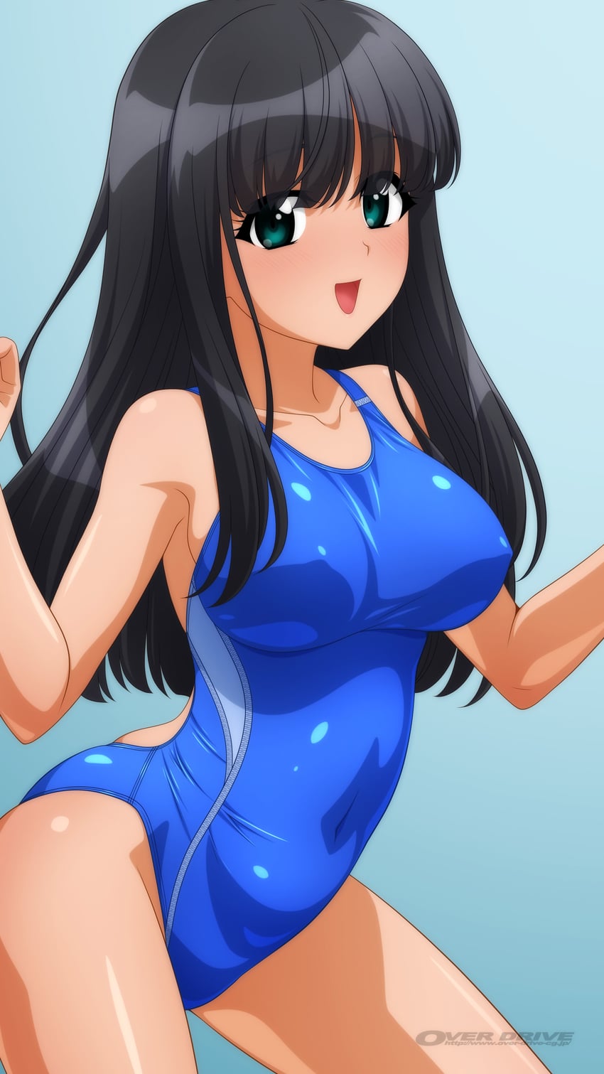 原创 1名女孩 黑发 蓝色背景 蓝色连体泳衣 乳房