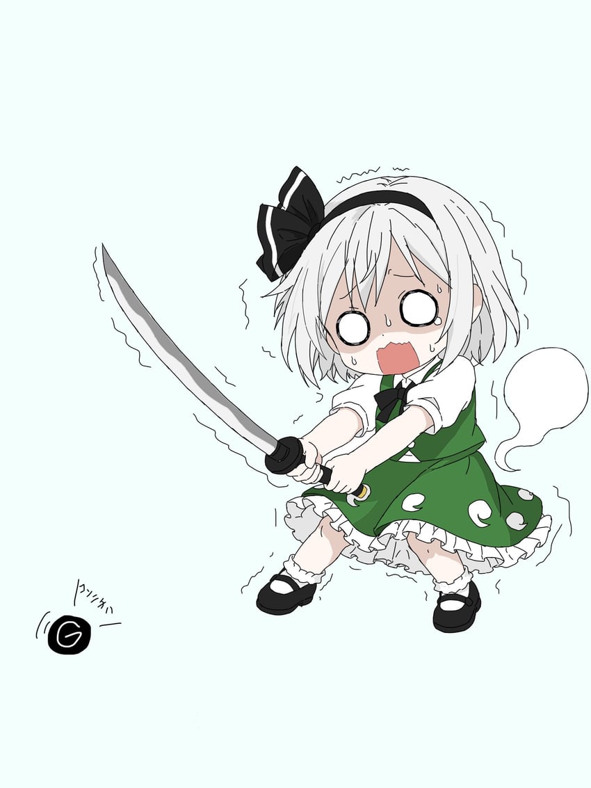 东方Project、魂魄妖梦、魂魄妖梦 (半灵) 1名女孩 黑色蝴蝶结 黑色蝶形领结 黑色发带 黑鞋