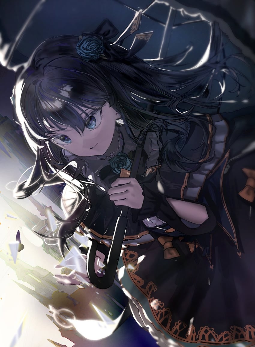 韵律源点 Arcaea、对立 (Arcaea)、对立 (Grievous Lady) (Arcaea) 1名女孩 水色花 水蓝玫瑰 露肩设计 围兜领