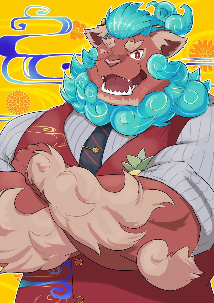 东京放课后召唤师、shisa (housamo) 1名男孩 蔷薇 黑色领带 交叉双臂 尖牙