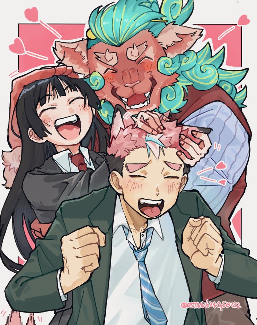 东京放课后召唤师、cu chulainn (housamo)、主角2 (东京放课后) 1名女孩 2个男孩 兽耳 作者名 黑色西装