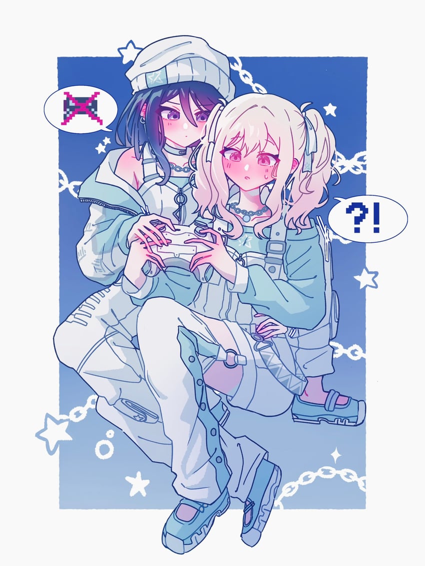 世界计划、星乃一歌 (世界计划)、天马咲希 2名女孩 针织帽 黑发 金发 蓝色衬衫
