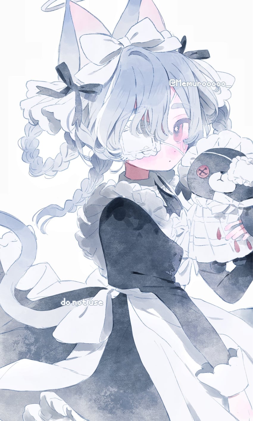 原创 1名女孩 兽耳 围裙 黑色连衣裙 蓝发