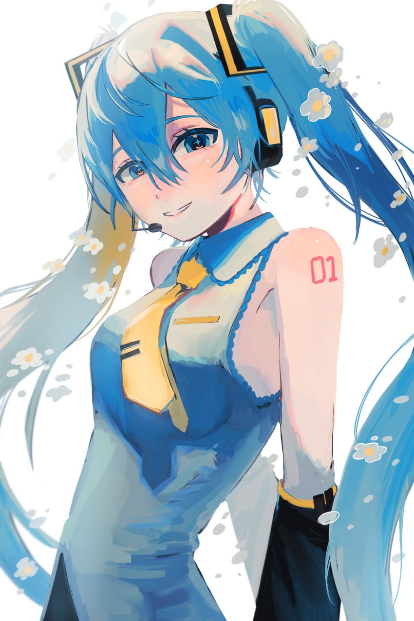 VOCALOID、初音未来 1名女孩 护臂 露肩 蓝眼 蓝发