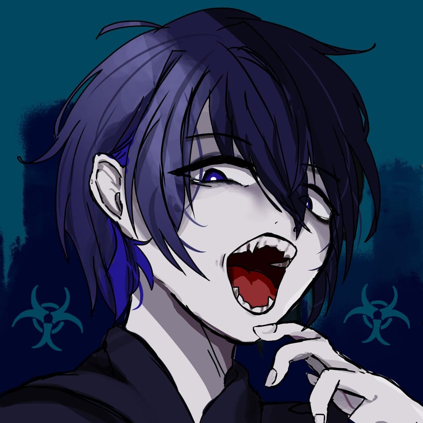 原创、Chando (Ado) 1名男孩 生物危害标志 黑发 黑色卫衣 蓝眼