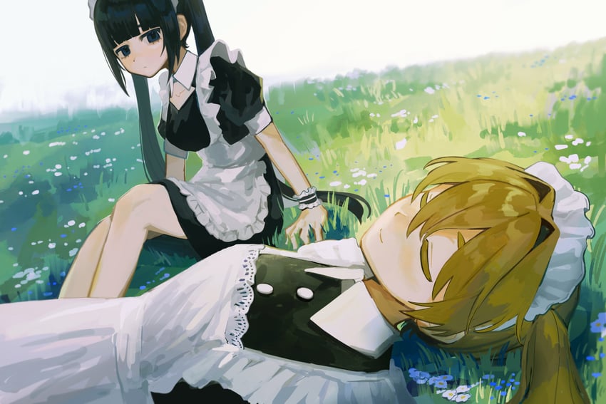 原创 2名女孩 围裙 扶手 黑色连衣裙 黑瞳
