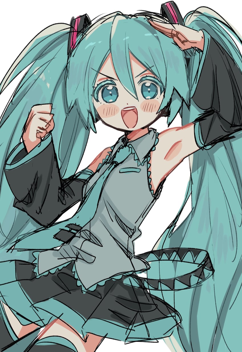 VOCALOID、初音未来 1名女孩 水色瞳 水色发 水蓝色领带 举手