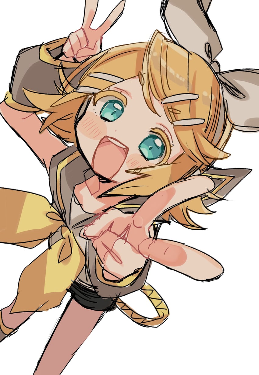 VOCALOID、镜音铃 1名女孩 水色瞳 黑色水手领 黑色短裤 金发