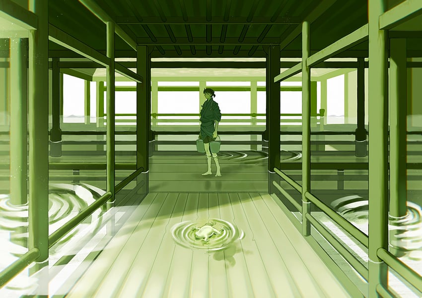 原创 1名男孩 建筑 赤脚 黑发 桶