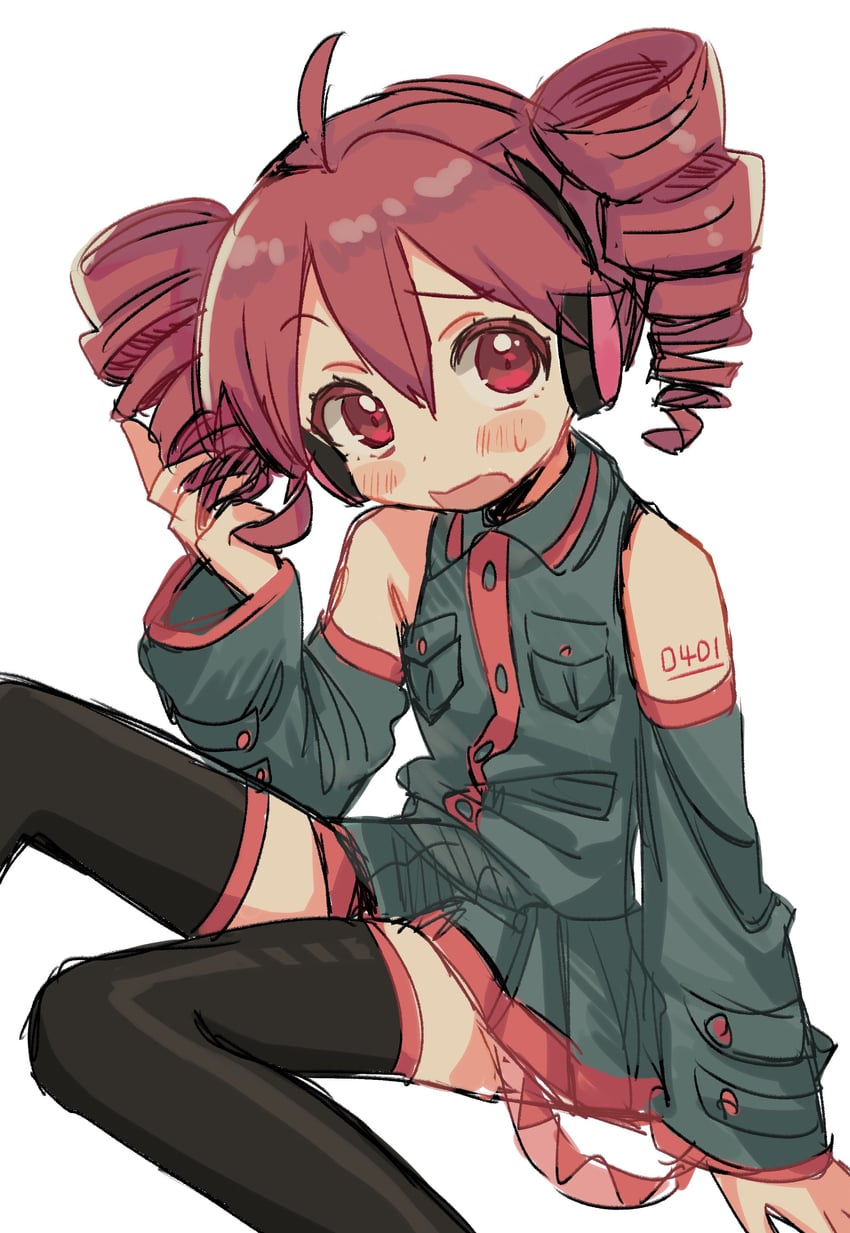 UTAU、重音Teto 1名女孩 呆毛 露肩 黑色靴子 脸红