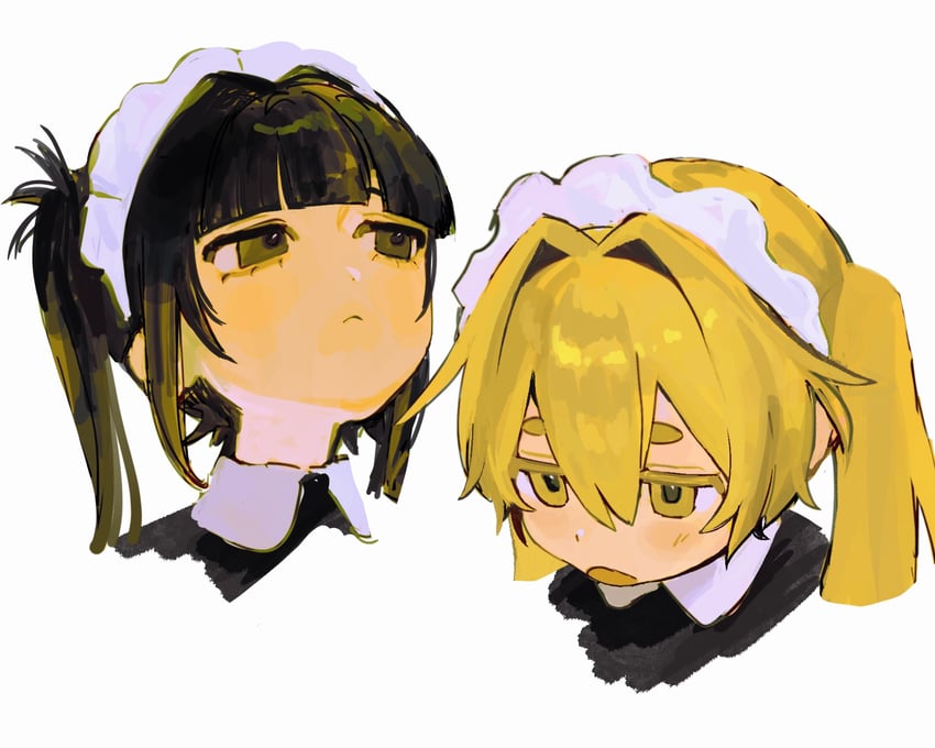 原创 2名女孩 黑发 金发 齐刘海 有领衬衫