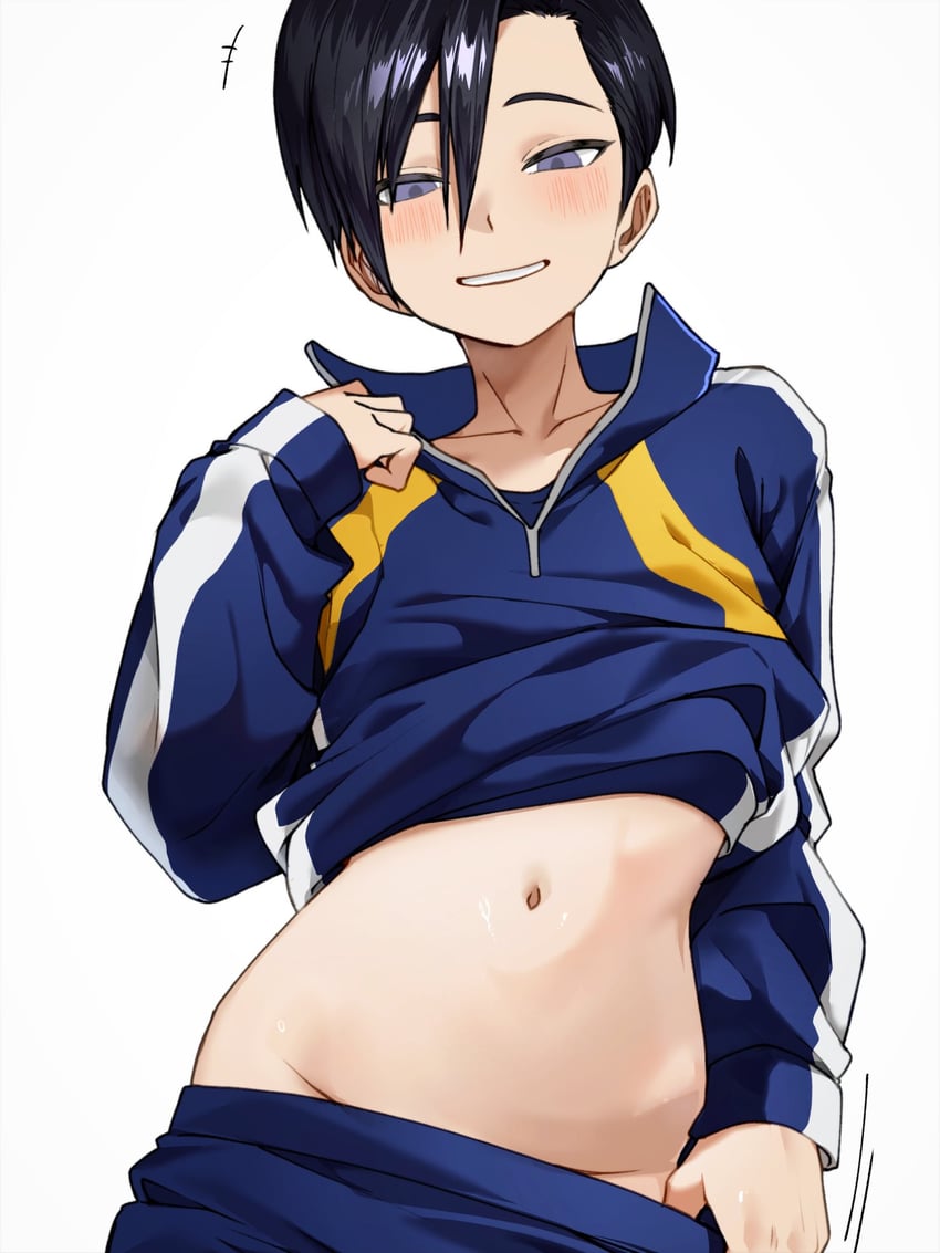 原创、asakura shion (m1 tsuru) 1名男孩 不对称刘海 黑发 蓝色裤子 蓝色衬衫