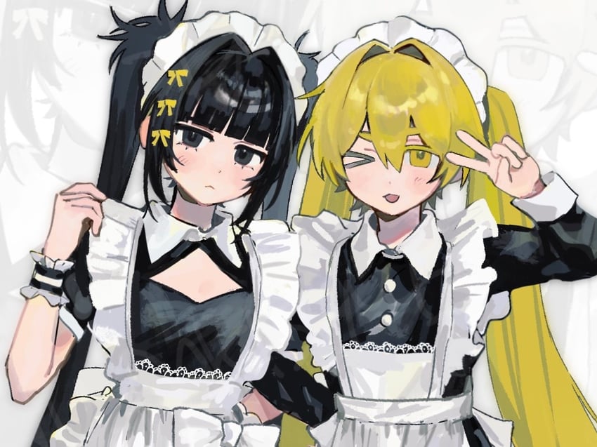 原创 2名女孩 :< >_o (表情) 围裙 黑色连衣裙