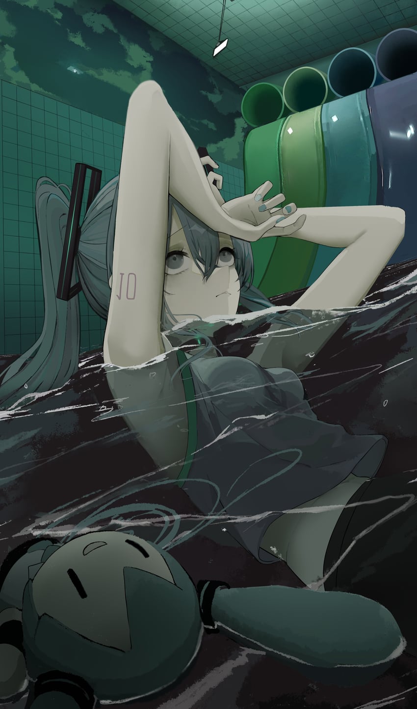 后室 (都市传说)、VOCALOID、初音未来 1名女孩 水色瞳 水色发 水蓝色指甲 无表情