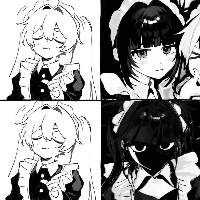 原创 2名女孩 猫脸笑 围裙 闭眼 闭嘴
