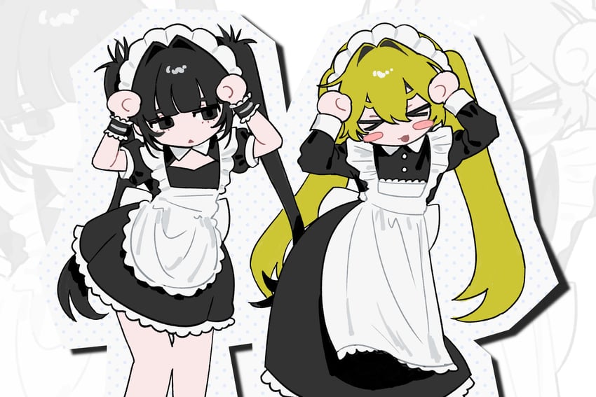 原创 2名女孩 猫脸笑 :D 闭眼挤眼 围裙