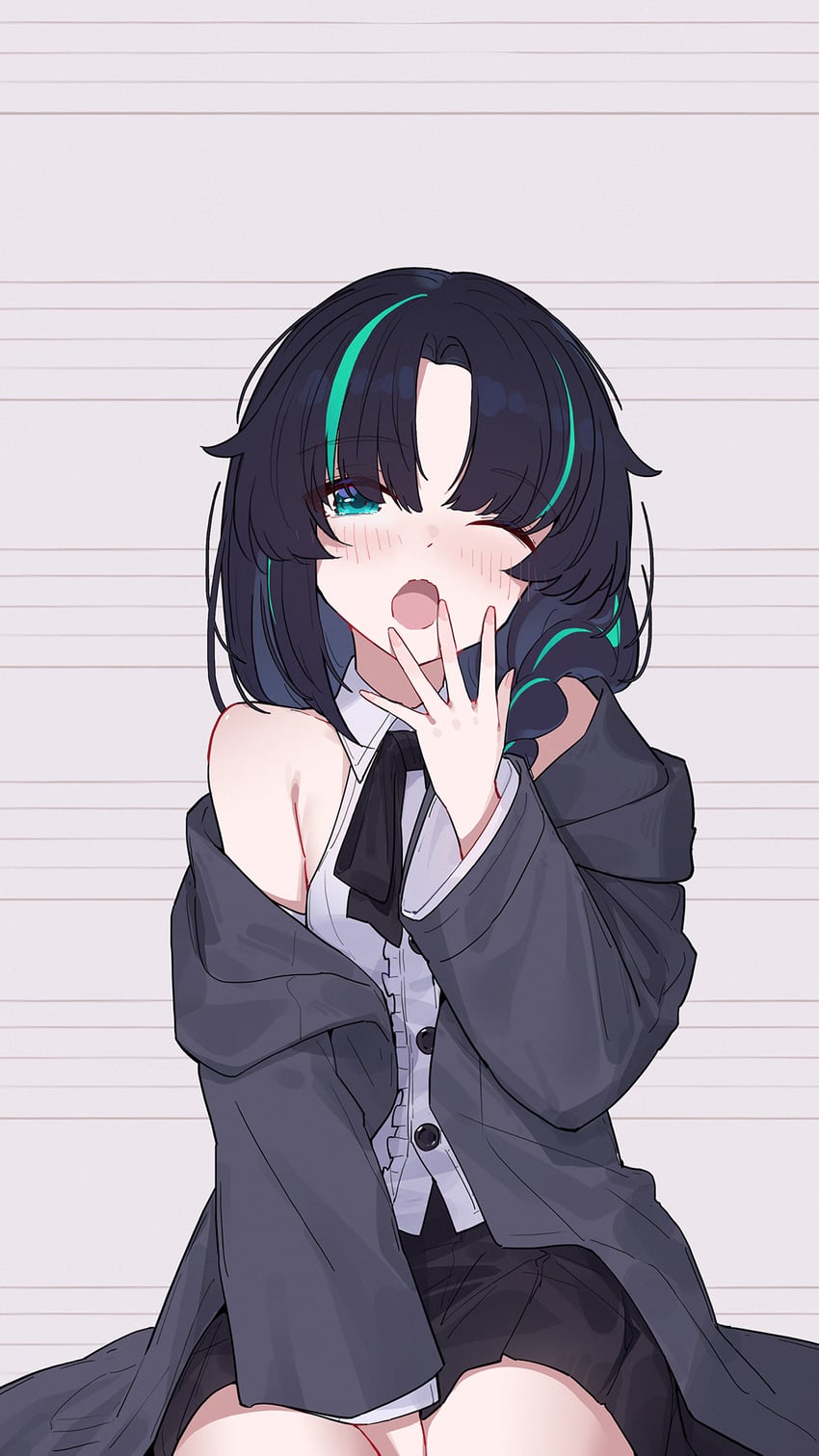 原创 1名女孩 水色瞳 黑发 黑色裙子 脸红