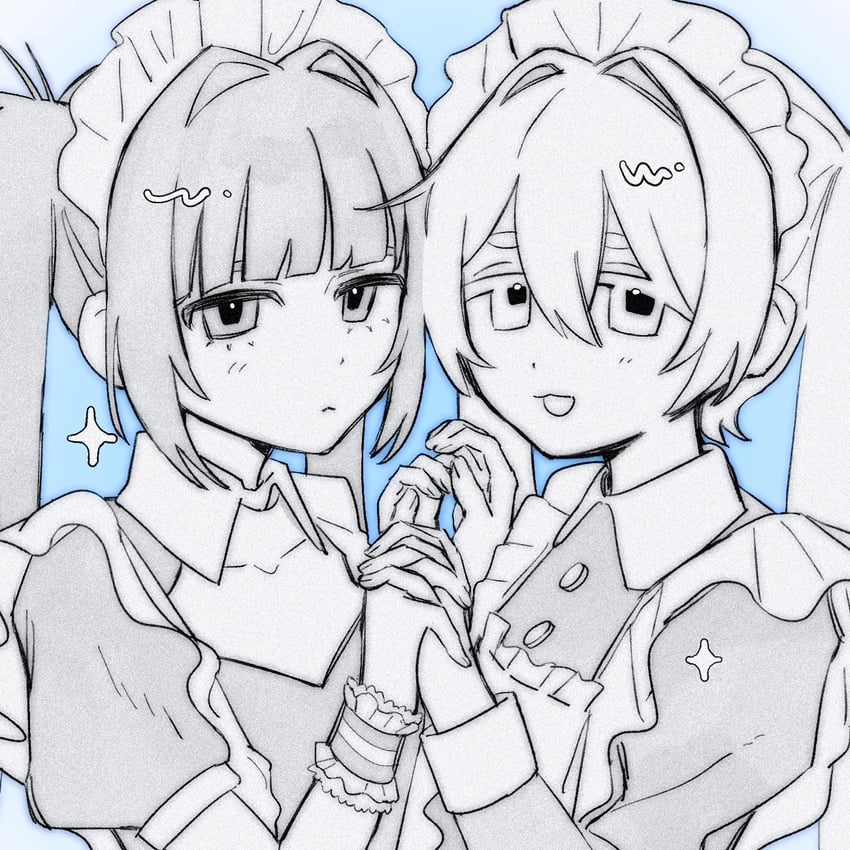 原创 2名女孩 猫脸笑 :D 蓝色背景 齐刘海