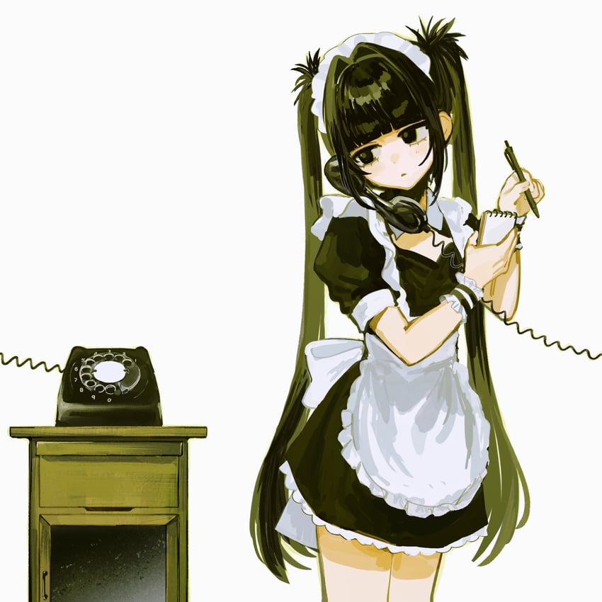 原创 1名女孩 古董电话 围裙 黑色连衣裙 黑瞳