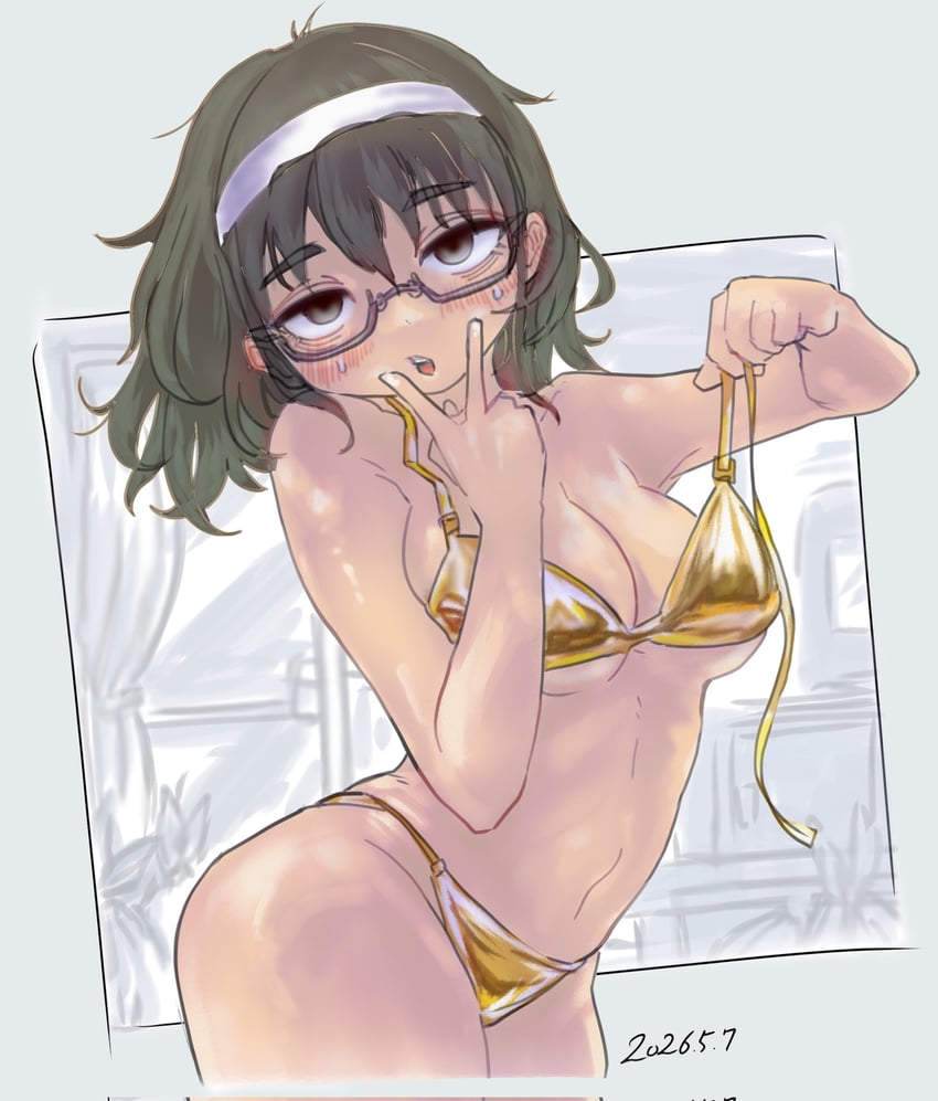 原创 1名女孩 比基尼 黑瞳 黑发 脸红
