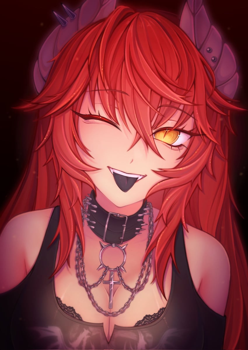 个人势虚拟主播、Zentreya、Zentreya (龙形态) 1名女孩 黑领 黑衬衫 乳房 项圈