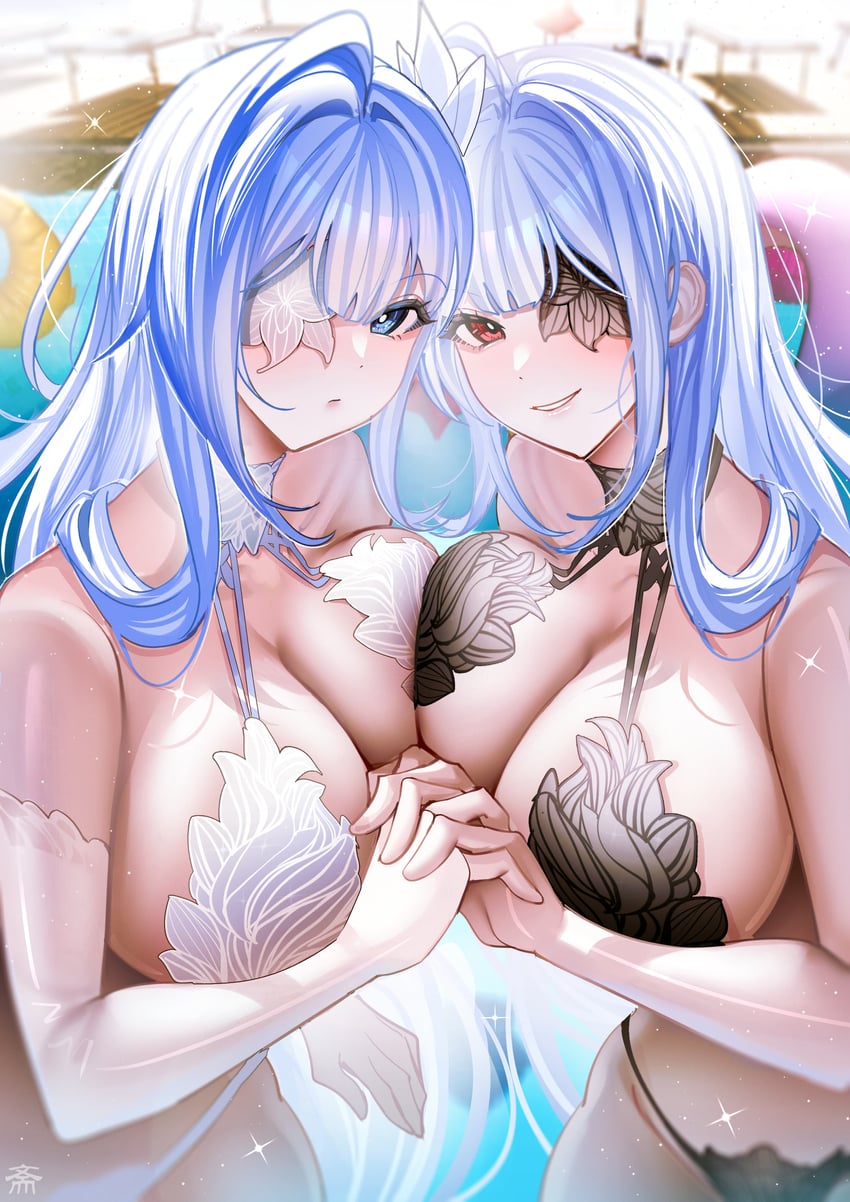 碧蓝航线、埃姆登(碧蓝航线)、emden (waterside whispers at dusk) (azur lane) 2名女孩 露肩 比基尼 黑色比基尼 黑花