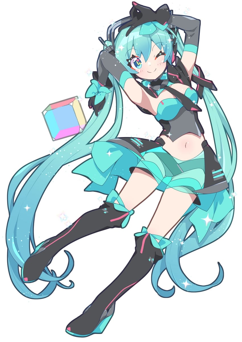 魔法未来(Vocaloid)、VOCALOID、初音未来 1名女孩 ;) 腋下 举起双手 露肩