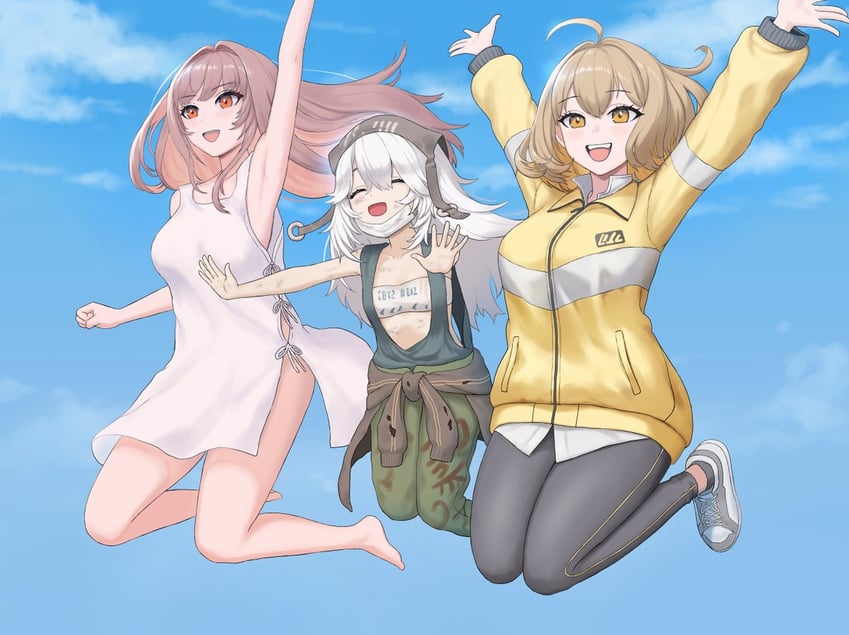 胜利女神：妮姬、阿尼斯(妮姬)、尼恩 (胜利女神：妮姬) 3人女子 呆毛 宽松裤子 抹胸 脸红
