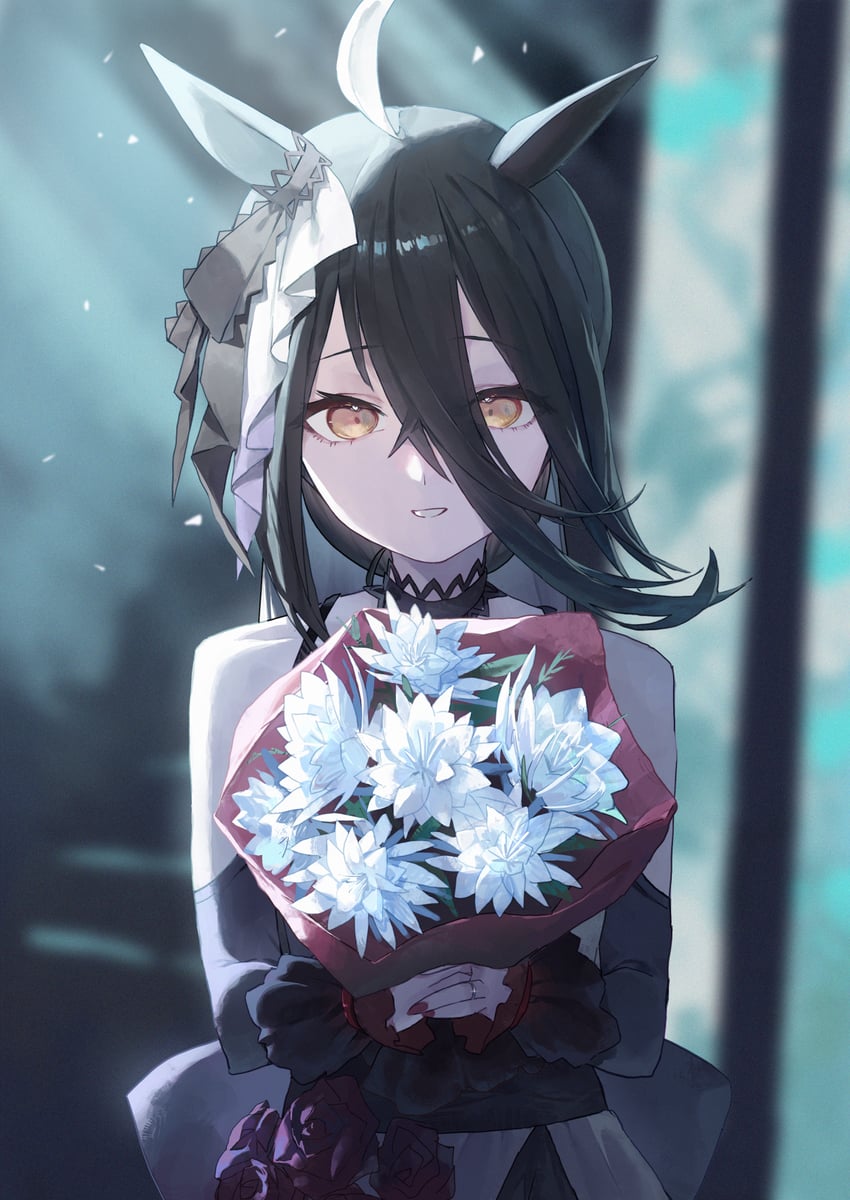 赛马娘、曼城茶座 (Mysterious Rose) (赛马娘)、曼城茶座 (赛马娘) 1名女孩 呆毛 兽耳 露肩 黑色连衣裙