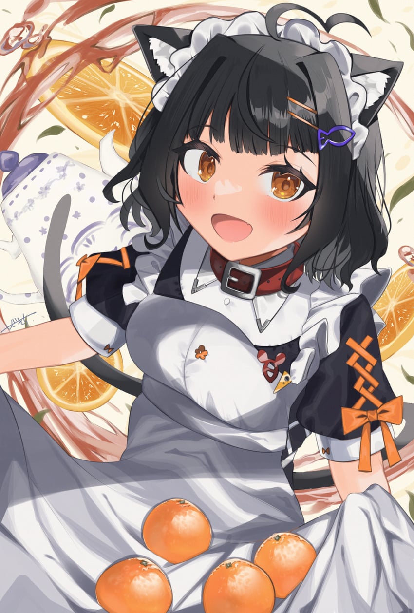 原创 1名女孩 呆毛 动物项圈 兽耳 围裙