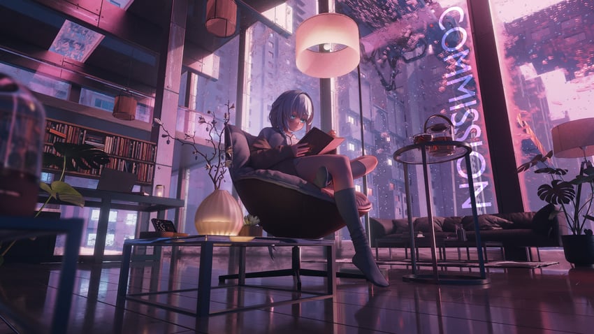 原创 1名女孩 黑袜 蓝眼 书 书架