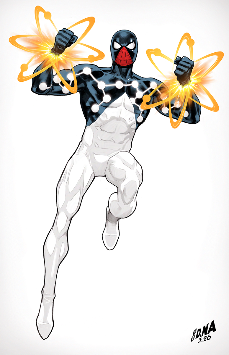 漫威、蜘蛛侠 (系列)、cosmic spider-man 1名男孩 黑色连体衣 紧身连体衣 紧握双手 全身