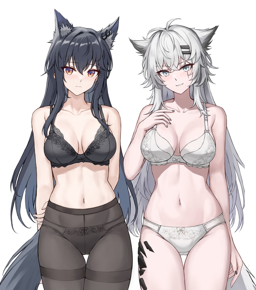 明日方舟、拉普兰德 (明日方舟)、德克萨斯 (明日方舟) 2名女孩 兽耳毛 兽耳 双手背在身后 黑色文胸