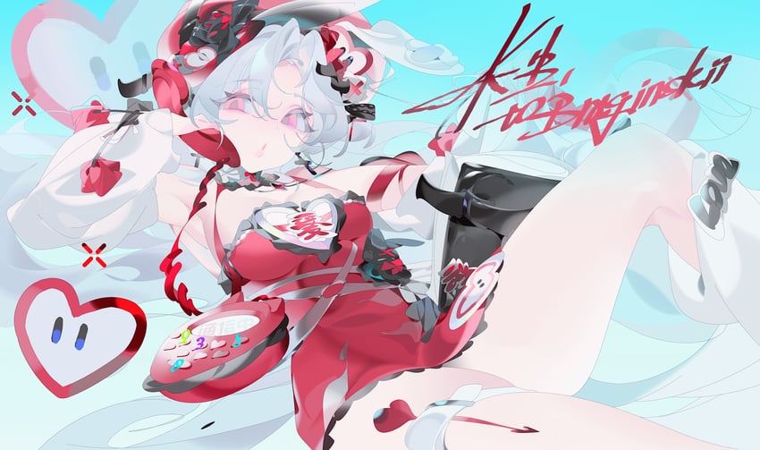 原创 1名女孩 腋下 蓝发 中文文本 有绳电话