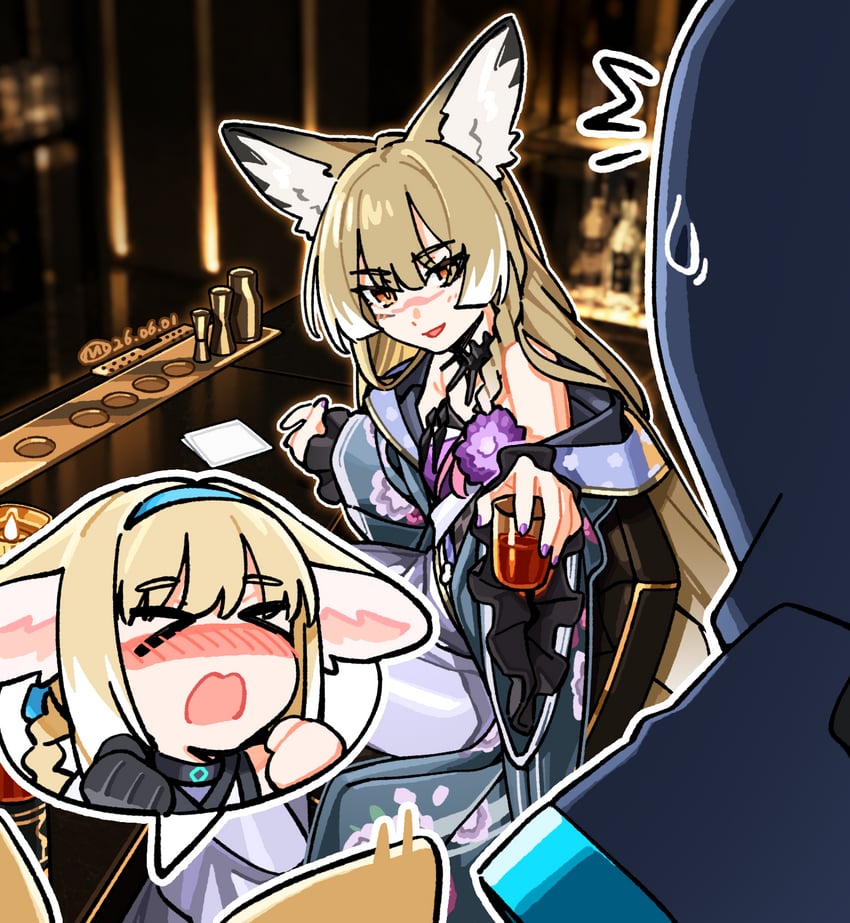 明日方舟、博士 (明日方舟)、铃兰 (明日方舟) 1个其他角色 2名女孩 酒 性别不明 兽耳毛